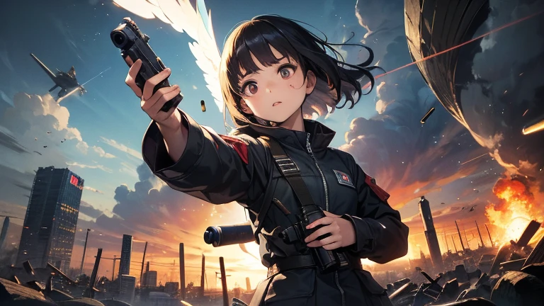 Masterpiece, realistic, sci-fi science fiction, realistic sci-fi movies, detailed facial features, realistic, in a single shot, detailed fighter planes, realistic high-tech fighter planes, cinematic angles, shades that Most realistic, detailed environment,( beautiful CG:1.4 ),Standing on an aircraft carrier in the sky,Detailed realistic eye sockets,Fantastic shadows,Tonal coverage,Beautiful colors,Woman,adult,short,small chest,26 years old,dark green eyes, Purple-black hair, two braids in the back, smooth bangs in the front, red glasses, a solemn expression, (ref. WWII white German Air Force general uniform: 1.5 )