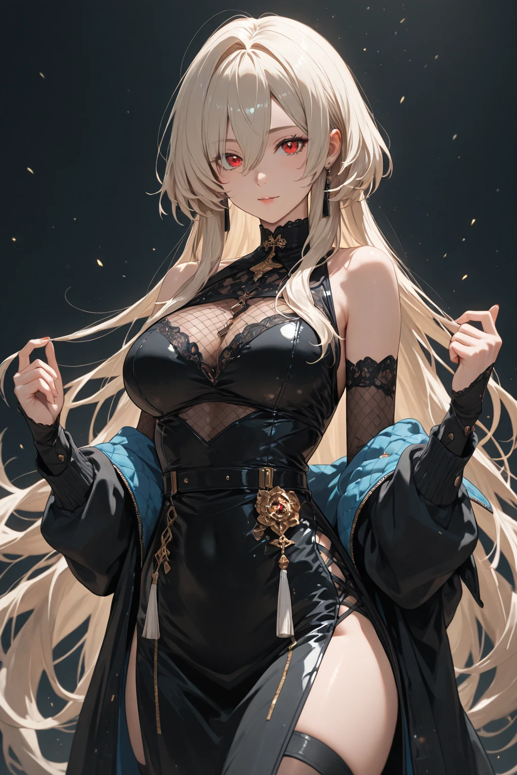 (masterpiece, Highest quality:1.3), (超detailed:1.2), (hyperRealistic:1.3), (RAW Photos:1.2), High-definition RAW color photos, Professional photos, (PhotoRealistic:1.4), (Realistic:1.4), Professional Lighting, Perfect Anatomy, (Big Breasts:1.1), (blush, detailedな顔), (smile:1.5), Flat lighting,elevation,sexy,A beautiful woman with supple curves,((Highest quality)), ((masterpiece)), (detailed),sexy,A beautiful woman with supple curves,((Highest quality)), ((masterpiece)), (detailed), One girl,Silver Hair,Long Hair,Dark Skin,Wearing a black sleeveless dress,Wear black high heels,Squatting pose on top of the tower,Starry Sky,cloud,20Old woman,Look away,Wearing black garter belts on legs