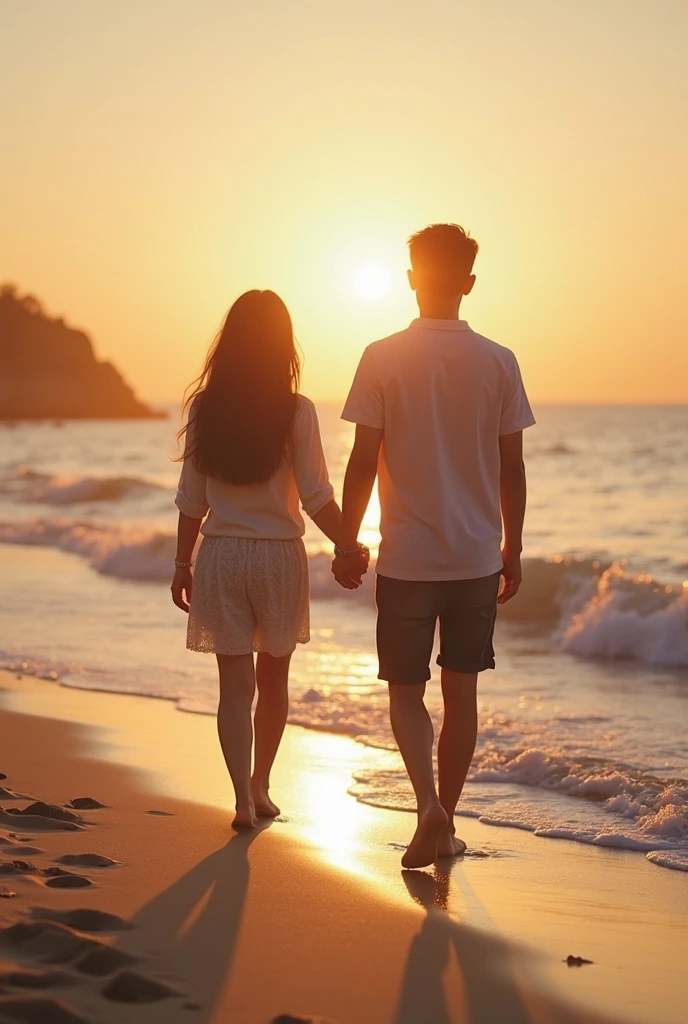 repair, the boy is an 18yo Caucasian boy, traditionally cut brown hair, barefoot, full length blue denim jeans, white t-shirt, clean shaven, walking the same direction as the girl, walking away from the camera.