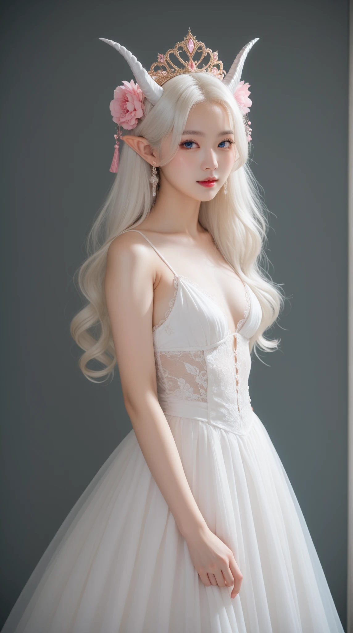 portlate、bright expression、Young shiny shiny white shiny skin、Best Looks、ultimate beauty girl、The most beautiful platinum blonde hair in the world、shiny light hair,、Super long silky straight hair、Beautiful bangs that shine、Glowing crystal clear attractive blue eyes、Very beautiful nice cute 16 year old girl、Lush bust、((A girl standing in front of the theater stairs))、 Silver hair, Bangs, Blunt bangs, Long straight hair, aqua eyes, longeyelashes, Solid Circle Eyes, makeup, Open mouth, blush, Parted lips, Bright pupils, smiley, Seductive smile, glint, surrealism, Modern、Black pantyhose、high-heels、mix4、((Pure white dress、Floral dress、、off shoulders、up skirt: 1.6))、Skyscrapers are hazy in the windows、((Skirt soars in the wind)),((Showing white lace panties)),((Raise the hem of the skirt with your hands))