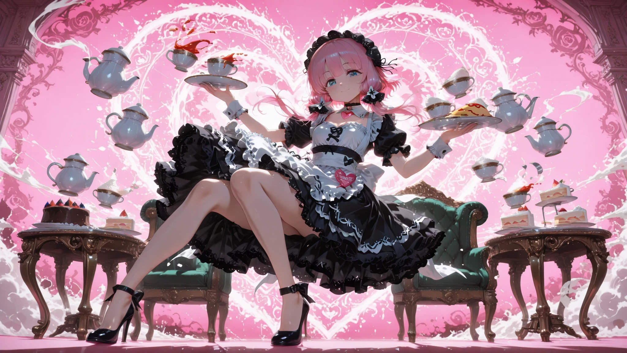 (full body, UHD, masterpiece, best quality, amazing quality, ultra-detailed, absurd, very aesthetic, beautiful shadows, high resolution, beautiful and delicate colors, natural light), BREAK
1woman, charming, pretty, beautiful, smile,
(Almond-shaped eyes, beautiful amethyst eyes, flipped bang, very long ponytail, Very lustrous black hair, beautiful and shiny hair, Pink ribbon, midium breast, knees, Shiny thighs:0.3), BREAK
(Black maid outfit, black skirt with white frills, white apron with a heart-shaped chest, white and pink brim, white collar, heart-shaped choker, a little bit of chest is visible, white cuffs, puff sleeves, black heels), BREAK
A delicious looking omelet rice, a plate with omelet rice on it, someone holding a plate, Holding a ketchup container, Bend knees, dynamic pose, BREAK
(simple pink background, (floating teapot, teacup, cake, elegant furniture), atmosphere of discovery and wonder, fluffy Big heart effect on background, illustrious art style, cinematic and immersive scene, low angle)