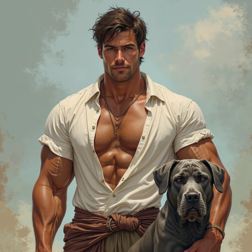  1 man hercules taking a selfy next to a nice friendly cancerbero dog  

View full body,: (( view from above))  

Material: watercolors  
Style: Anime+yaoi+hentai+roberto_ferri+leng_jun

Compsition: the composition of shadows and lights give an atmosphere of spaciousness, 

Color: intense dark  colors palette

Lighiting: natural lighting

Gender Age:  A young hercules man, 19 years old

Race:  blond,

Face:  barbed, thin face, straight nose, thin lips, square chin, large light blue eyes, short red wavy hair,

Body: white skin, hairy body, realistic skin, gorgeous, detailed tonned muscles, barefoot, perfect ???????, muscled fitness body,  aesthetic slim athletic body, perfect ???????, , energetic splendid, slim and detailed muscles

Action: He is taking a selfy next to a black freindly, nice, smiling cancerbero dog 

Wearing: He is wearing shirtless, pantless, fullbody, wearing sandals

Background: gate to hell, caver, fire, demons

Complements:  best quality, Photorealistic, ultra-high resolution, photographic light, Hyper detailed A mixture of photography and painting, simetryc Composition, Perfect Divine Proportione, 8k resolution
