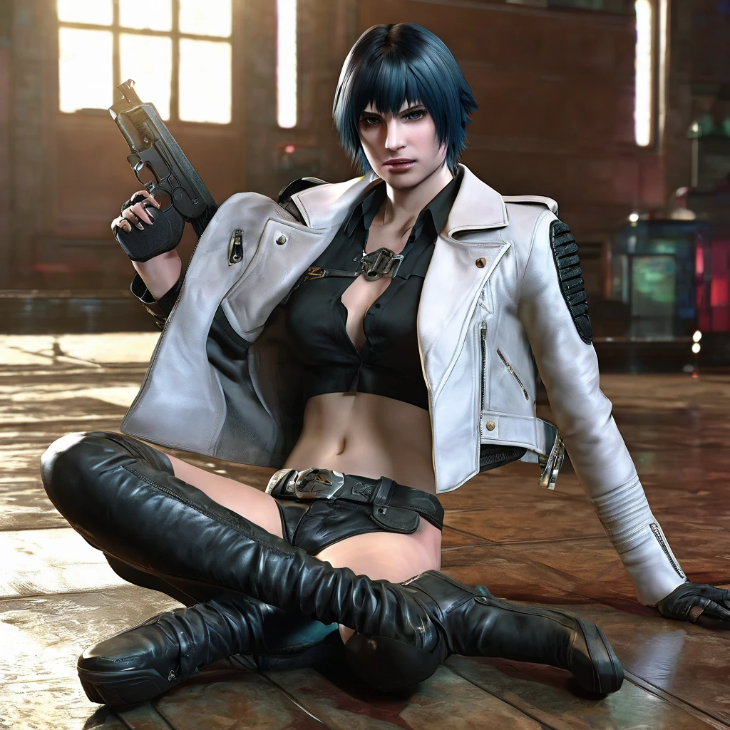 rating_explicit, beautyful woman, lady (from devil may cry 5:1.1), black bra, white jacket, sit, crossed legs