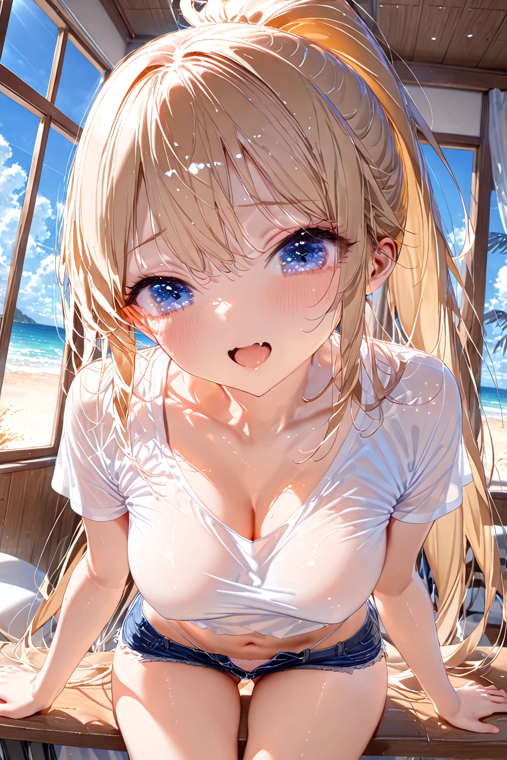 masterpiece, absurdres, best quality, ultra detailed, high Resolution, detailed illustration, bright colour, (extremely beautiful detailed face and eyes, Delicate beautiful face, 1 girl, 18yo, cute face:1.3), (magenta eyes:1.1), sparkling eyes, big eyes, (medium breasts:1.3), (perky breasts:1.1), (pointy breasts:1.1), medium hips, glamorous body, white skin, BREAK, (blonde hair:0.8), messy hair, detailed hair, shiny hair, BREAK (naked:1.3), perfect lighting, (ecstasy, vulgarity:1.5), (embarrassed:1.3), (Wet Hair, wet, Sweaty:1.3), (oasis, spring, desert, outside:1.2), 