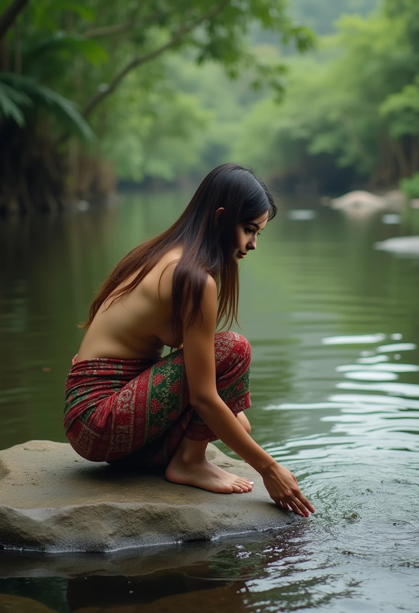 a young asian comanche warrior girl, Visage avec peinture indienne. corps mince. topless, tetons qui pointent. photo plein pieds. Traditional clothing, pagne. Bathes in the cold river. Native American female protagonist.