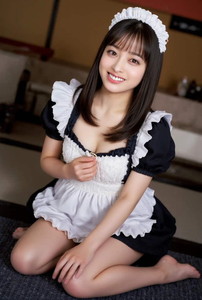 best quality, masterpiece, photo of over the knees, yokohiza, side view, kneeling, A Japanese pretty girl, eye contact, smile, small breast, flat chest,