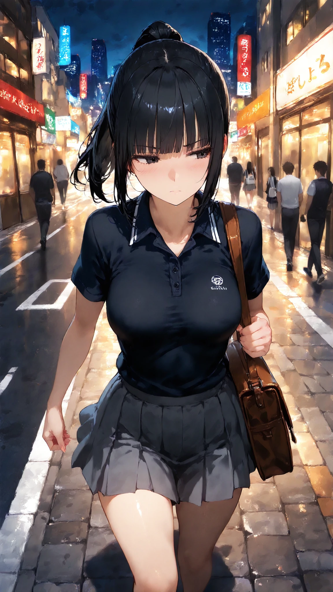 ((best quality)),((masterpiece)),(details),one girl,sexy((best quality)),((masterpiece)),(details),one girl,sexy((best quality)),((masterpiece)),(details),one girl,full body,sexy expensive body,expensive,long legs,mature woman,taller than any building,100 meter tall mature,grabbing a dwarf,grabbing a dwarf,girl taller than a building，huge maiden adult in sneakers,it_nagatoro_main,hayase nagatoro,one girl,blushing,alone,uniform polo shirt,black hair,bag,brown eyes,hair accessory,looking at viewer,hair clip,outdoors,backpack,smiling,long hair,black skinned woman,black skin,,bangs,daytime,skirt,collared shirt,collarbone,ear clip,mouth closed,tree,asymmetrical bangs,upper body