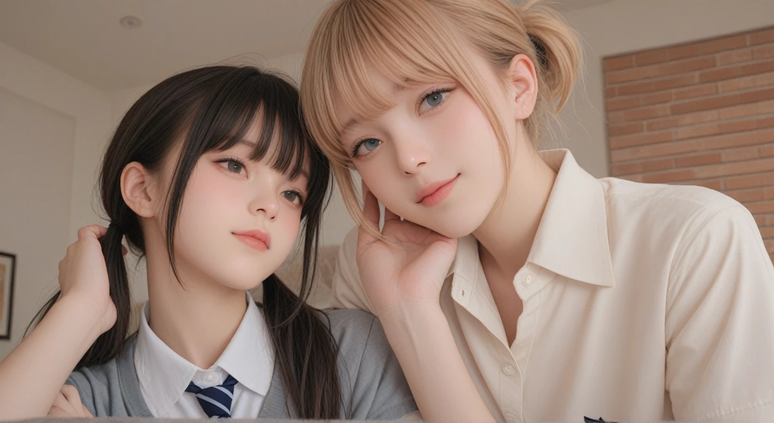 Two cute girlature、Being Calm、Blue Eyes、Black Hair、short hair、Fluffy hair、short、Highest quality、