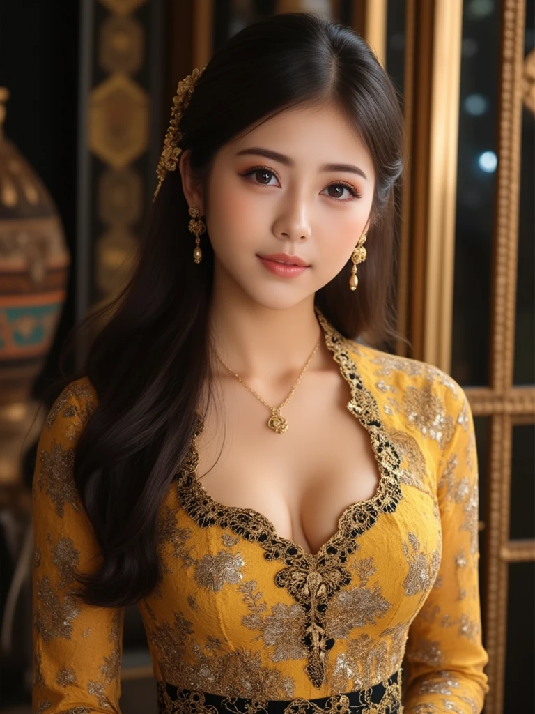 8k, best quality, Medium close-up, (yellow kebaya )、(luxury kebaya ),(top-quality,masterpiece:1.3,超A high resolution,),(ultra-detailliert,Caustics),(Photorealsitic:1.4,RAW shooting,)Ultra-realistic capture,A highly detailed,high-definition16Kfor human skin, Korean See through Bangs hair, Cute and lovely Korean girl, realistic, ultra detail, photo realistic, Increase quality,
standing in a garden with a scarf, garden, (large breast), (cleavage ), close-up shot, mouth,dark-haired, long hair, (depth of fields、chromatic abberation、Wide range of lighting、Natural Shading、)、(Exterior light at night:1.4)、(Hair swaying in the wind:1.2).