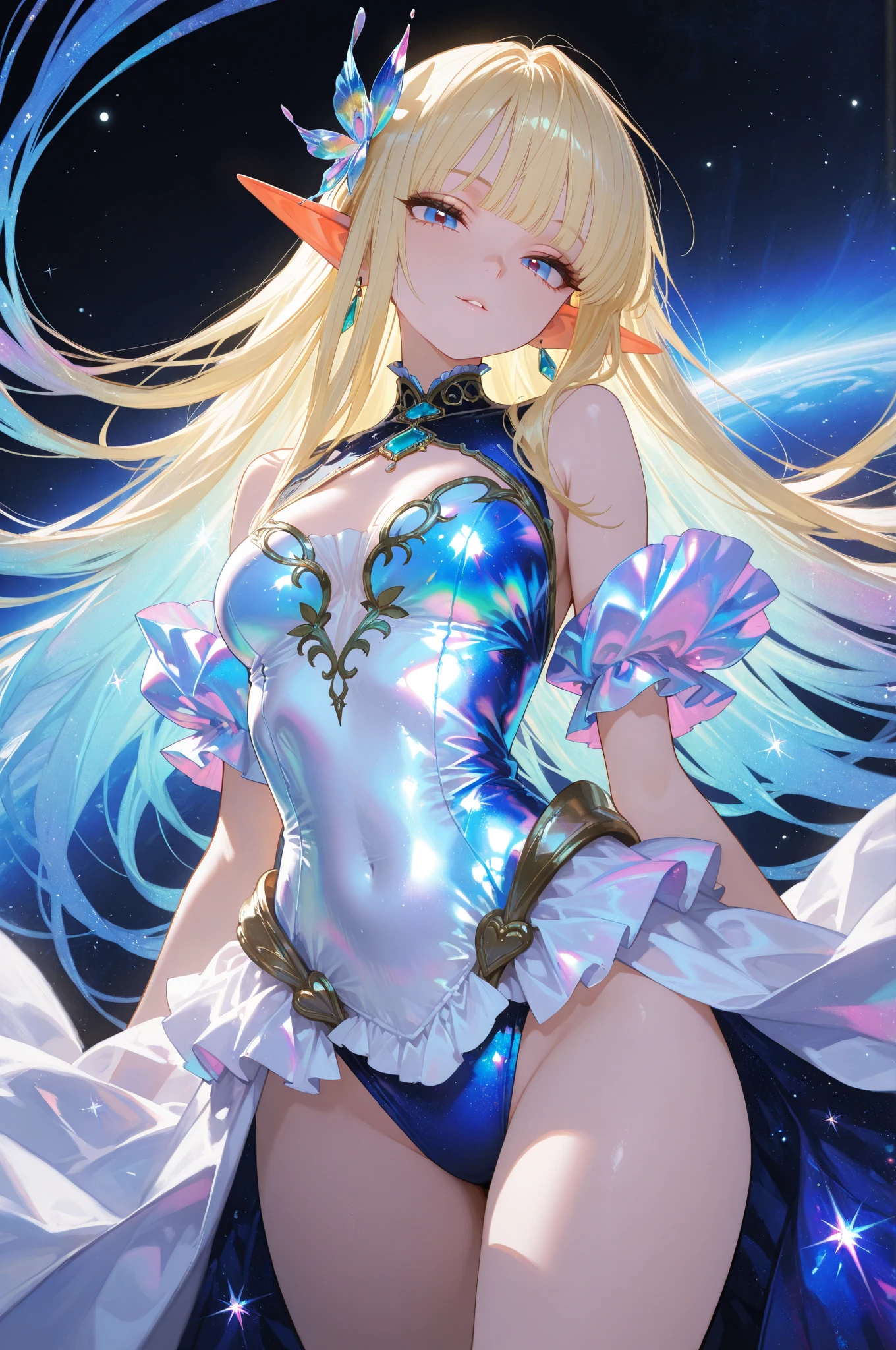 ((Highest quality、High resolution))、Beautiful woman、Perfect body、Beautiful and bountiful breasts、(tits)、long blond、bangs、Blue and white、Embellished blue sexy dress、skirt、(((Showing panties、I'm tempting you、A woman opening her legs and inviting sex)))、Outdoor Scenery
