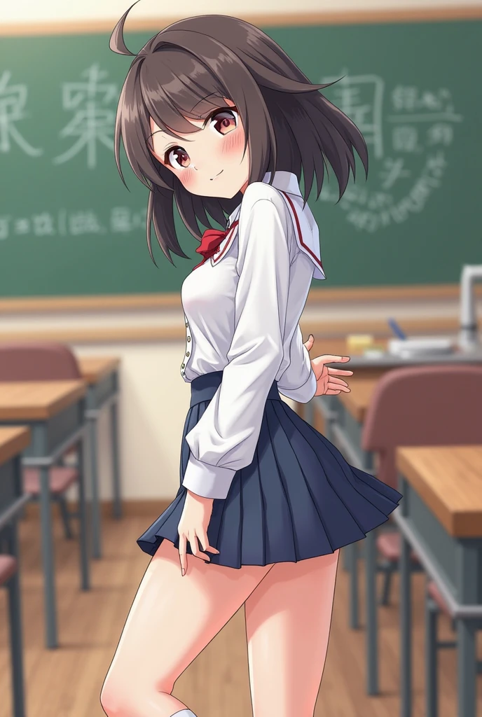 girl with、Panties　get erect　Panrie　is standing　The  Pantie bulges out from the skirt Watanabe you