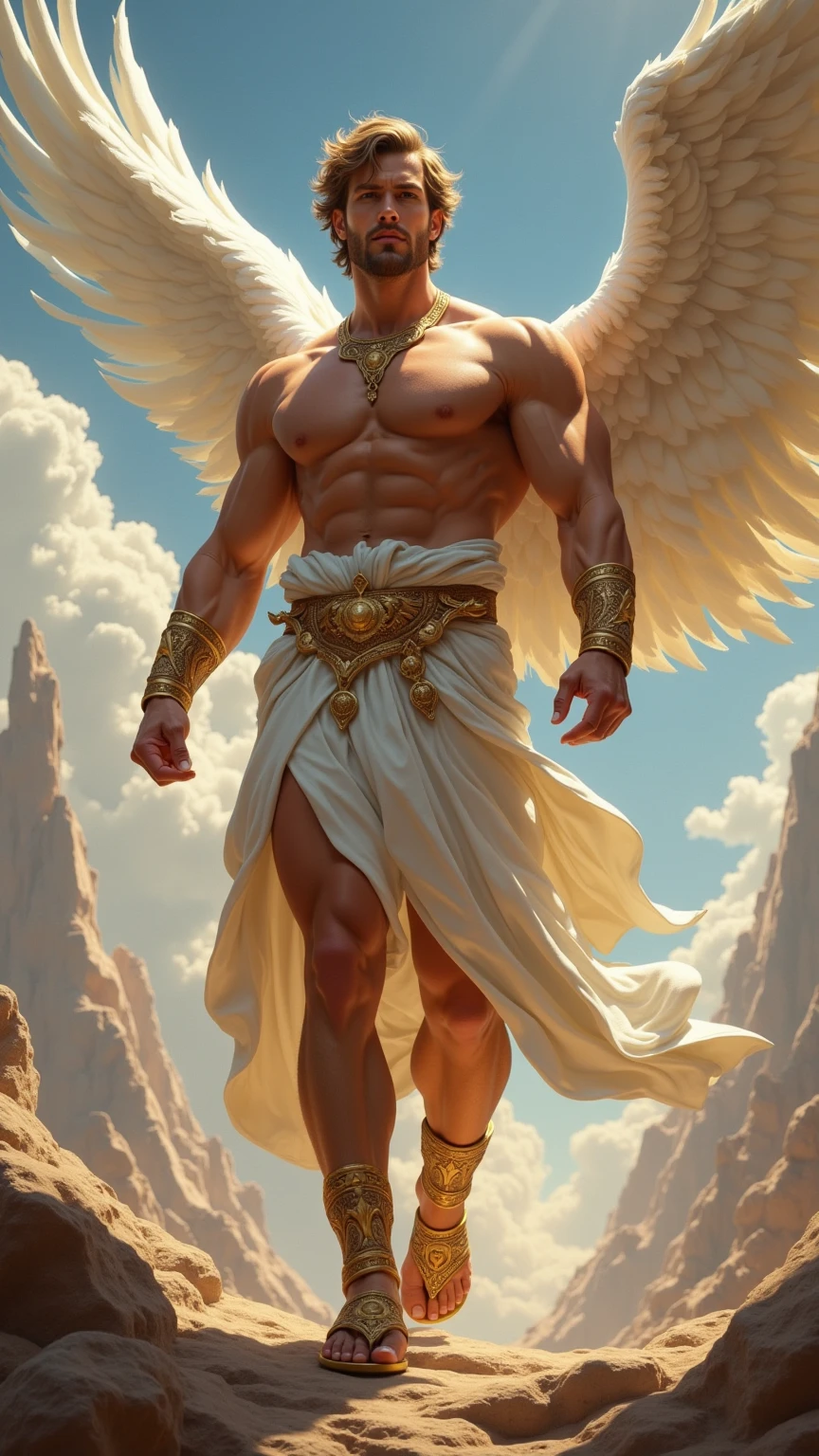 Angel man with wings very large as the body. Full body. Pintura digital