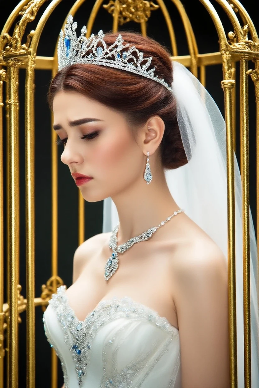 Lebanese lady, earrings, necklace, bracelets, diamonds, 40 years old, strapless wedding dress, tiara and veil, bouquet, western style wedding, bright colors, smokey eyes, red lips, glossy lips, cleavages, small chest, doll lashes, blushing, happy, eyeshadow, face covered with veil, looking down, shy, eyes closed