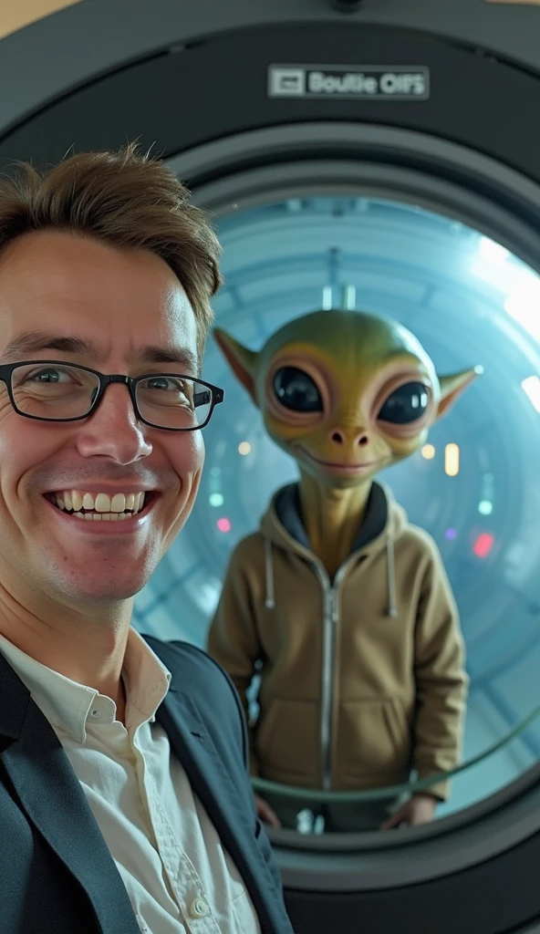 One guy taking a selfie with a group of green aliens, high details of the face and skin, high detail, logo: "neuro"