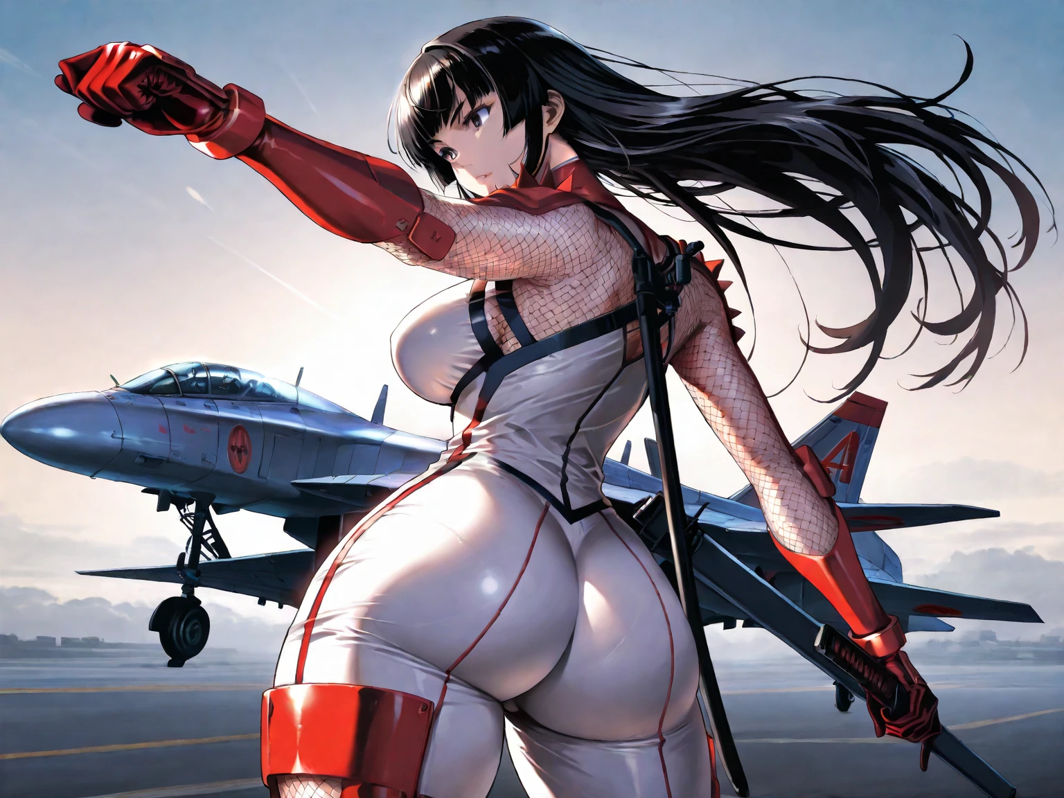 1female，35yo，plumw，extremely large bosom， 独奏，（Background with：A desert，aerodrome，Planes） She has very short black hair，bobo head，Stand on the plane，，seen from the front， curlies， mostly cloudy sky，（（（tmasterpiece），（Very detailed CG unity 8K wallpaper），best qualtiy，cinmatic lighting，detailed back ground，beatiful detailed eyes，Bright pupils，Black eyes，（Very fine and beautiful），（Beautiful and detailed eye description），ultra - detailed，tmasterpiece，）），facing at camera，A high resolution，ultra - detailed），revealing breasts，Bare genitalia，  Bulge，legs are open，Raised sexy，Camel toes，Flushed complexion，Desire for dissatisfaction，frontage，Chinese Air Force，Aviator，military hat（Wearing：Red baseball jacket，Black pantyhose，Bare breasts）