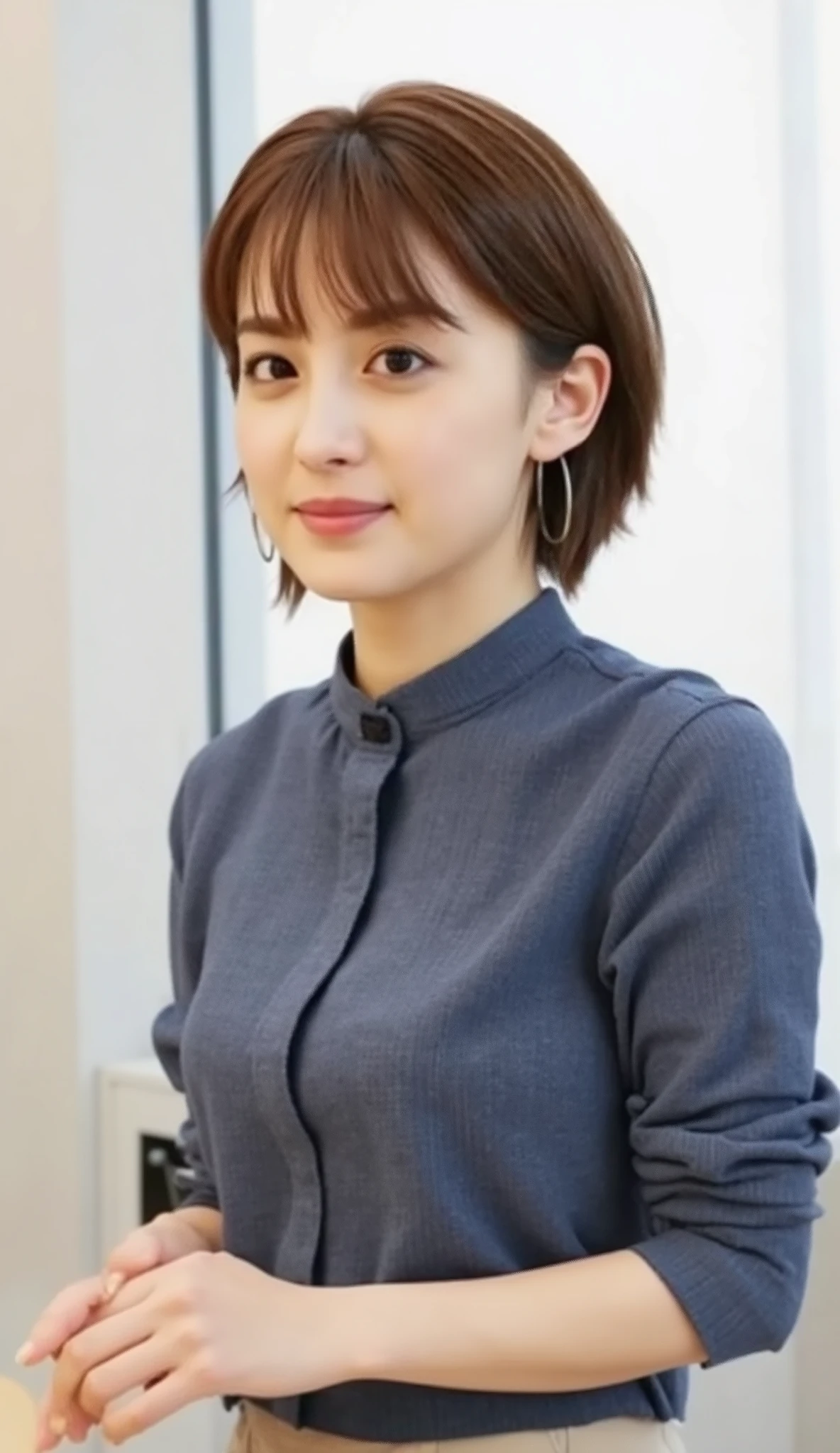 Neat Young Woman、and look at the camera、office lady suit、jacket、shirt、ネックレス、、ear piercing、、smile showing teeth、背景はオフィス