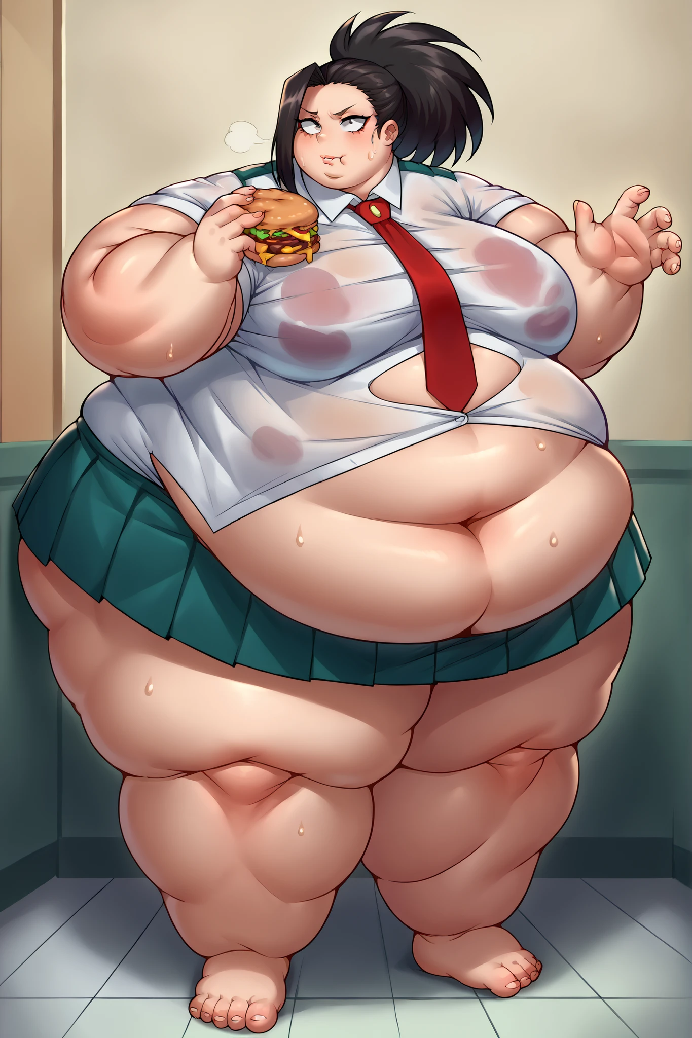 High quality, full body photo of a beautiful sexy secretary wearing extremely short skirt and seamed stockings, ((solo)), adult, high heels, craves sex, sweaty, eating at McDonalds, beautiful face, long wavy blonde hair, stunning blue eyes, massive painfully overstuffed bloated distended bulging heavy obese belly, panties visible under skirt, revealing skirt, shes binge eating, weight gain, very wide fat hips, fat thick thighs, massive wide fat round heart shaped shelf bubble butt, massive fat heavy breasts, very deep cleavage, tight uniform, belly so full it hurts, shes so fat she can barely stand, shes so full she can barely stand, her clothes dont fit shes so extremely fat, shes become a fat food addicted slob, she doesnt care about being fat anymore she just wants to eat more and more food until she cant move, covered in sweat, belly bigger than her body, she’s very heavy massive and obese, fat cheeks, fat face, fat neck, struggling to eat more, struggling to stand, shes rubbing her belly, burping, sagging obese belly,