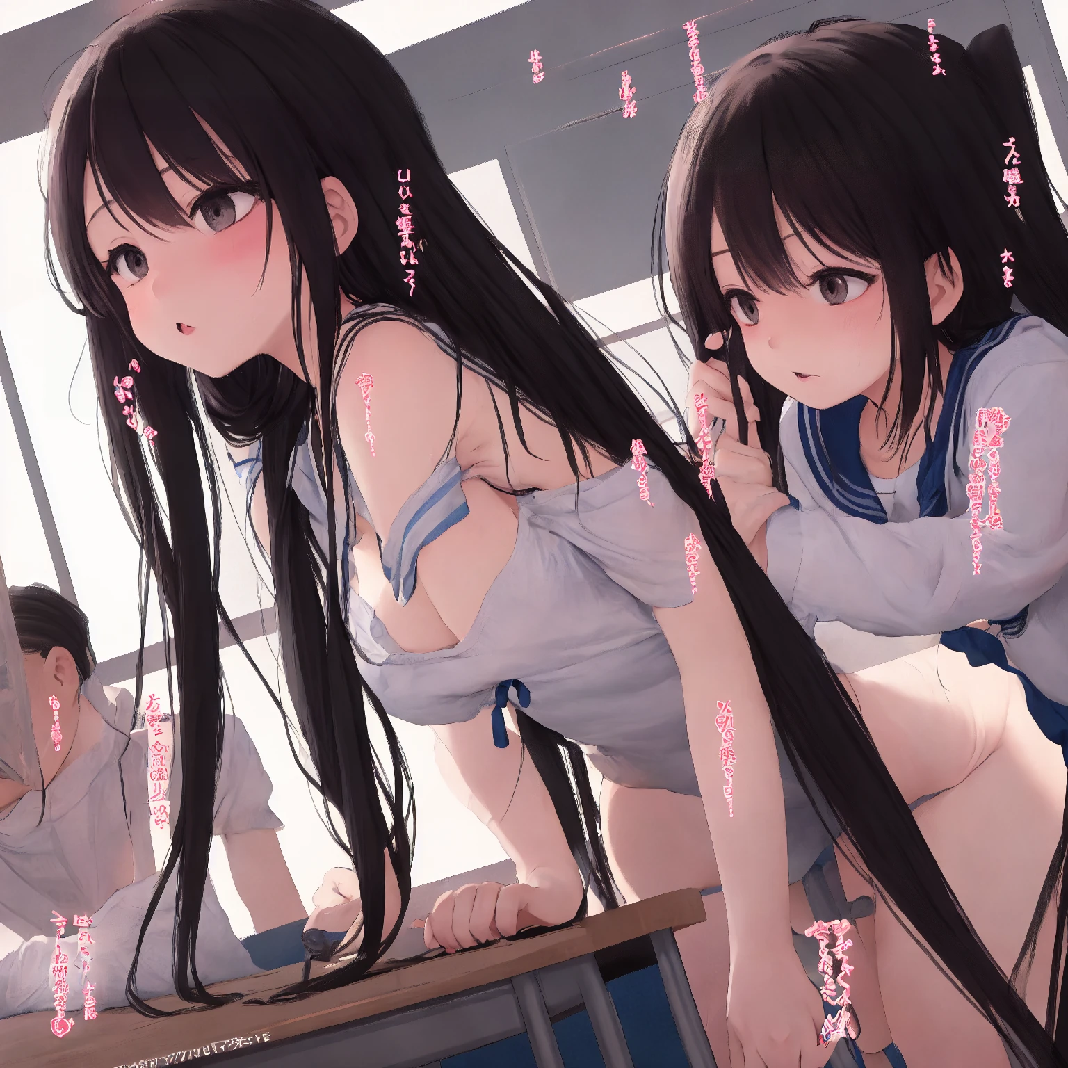 36-year-old female teacher、Half naked、pubic hair、Torn Suit、crowd、Both hands were restrained、You are peeing on your own、Standing with legs spread、blush、Embarrassed、classroom