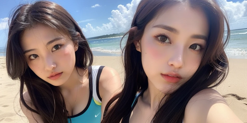 ((Photorealistic lighting, highest quality, 8k, masterpiece:1.3)), sharp focus:1.2, viewer discretion advised (New South Wales) (New South Wales) (New South Wales):1.2, ((realistic)), ((natural light, highest quality)), model-like figure:1.4, (dark brown hair, chest out:1.2), short hair, setting, backshot, (25 years old:1.3), highly detailed face, detailed eyes, double eyelids, necklace, wristband, eyeliner, colorful bikini, (large), (seaside, beach, sandy shore, drinking alcohol)