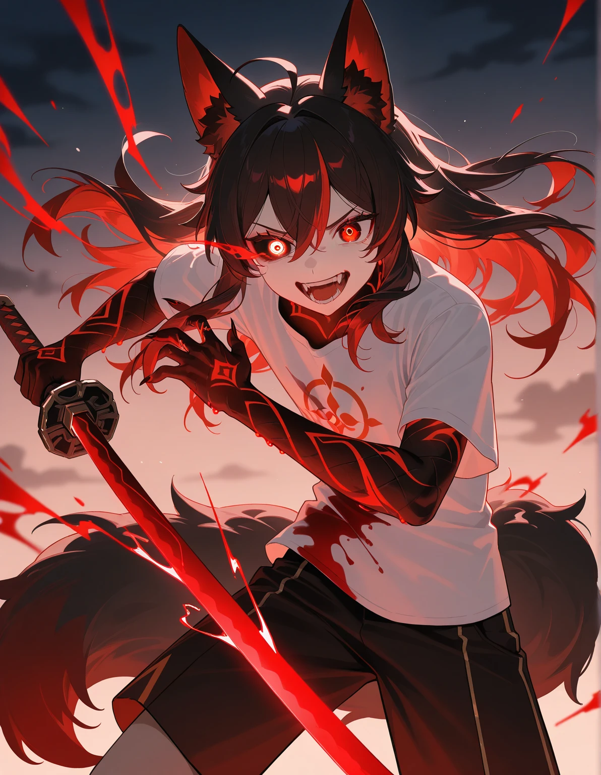 beast, Blood Splatter, Covered in fur, looking menacingly at camera with orange eyes, fire on background