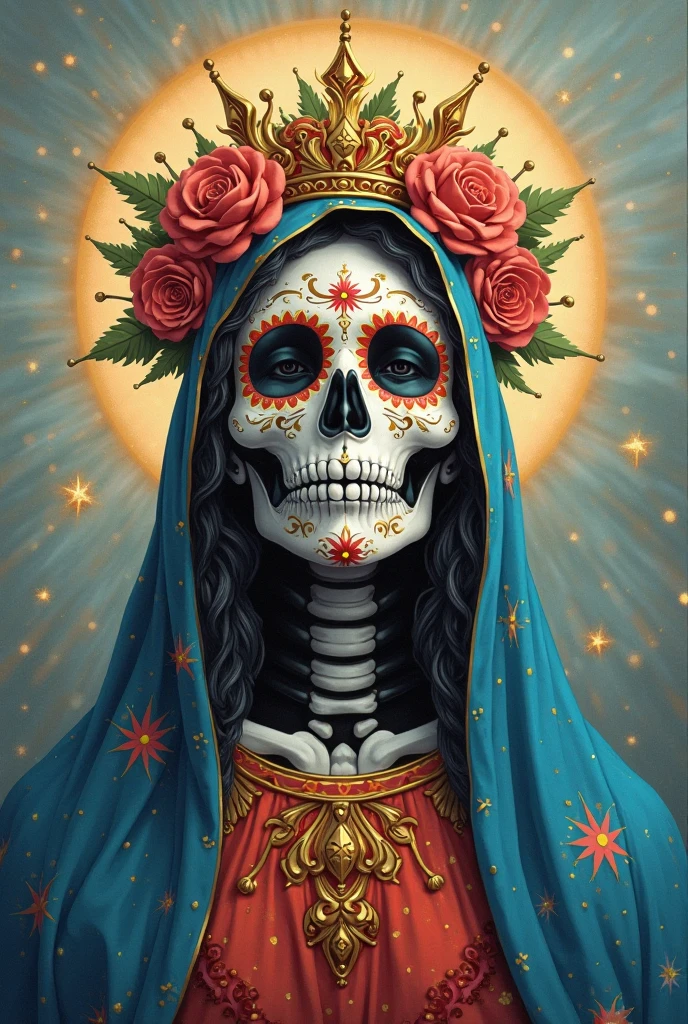Santa Muerte, best quality, digital painting, extremely smooth, fluid, 3d fractals, light particles, dreamy, smooth, shimmering, dreamy glow, conceptual art by alberto seveso, anna dittmann, arthur rackham, harmonious color scheme, 32k
