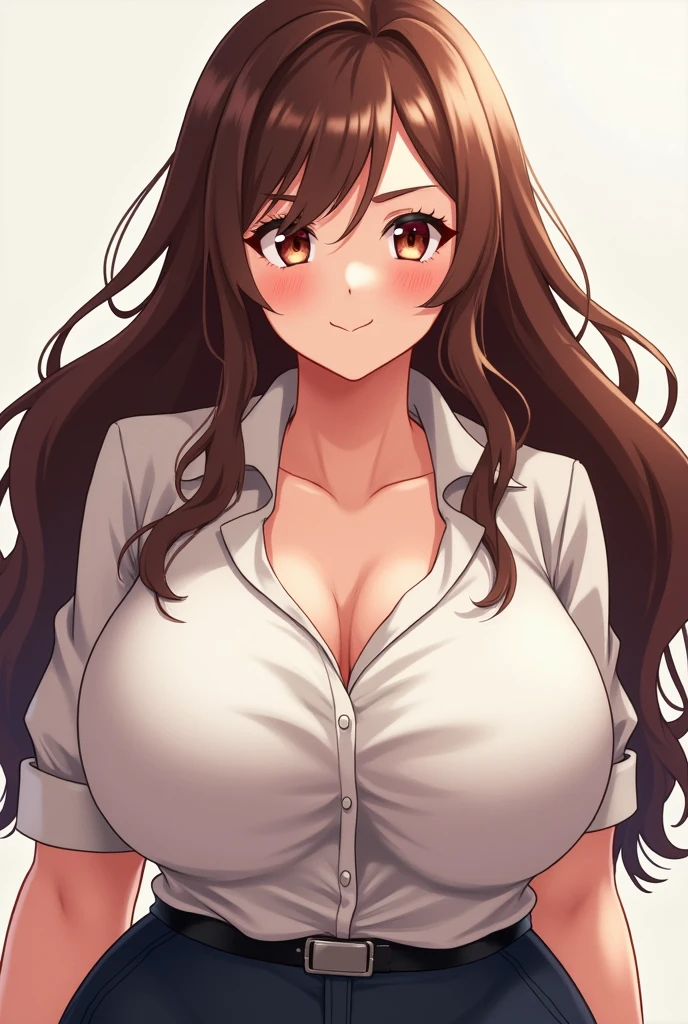 curly hair in a high ponytail, busty, cleavage, unbuttoned , skirt, standing, smiling, parted lips, (blushing:1.3), looking invitingly at the viewer, facing the viewer, livingroom background, leaning forward on table, (pov), glowing eyes, necklace, earrings, nsfw,