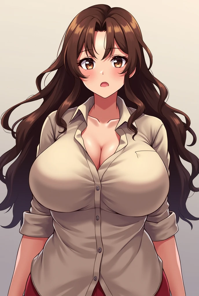 (beautiful detailed eyes:1.5, beautiful detailed face:1.2, beautiful detailed hair), Murrue Ramius, a woman, red eyes, blush, milf, wife, sexy, Curvy, (brown hair, long hair, bangs), (sagging large breasts:1.5), (negligee:1.5, no bra), arms behind back, upper body, standing, (Perfect detailed Anatomy, beautiful detailed hair, perfect female body:1.2, shiny skin), (thick outline, Beautiful outlines, black outlines), simple background:1.5