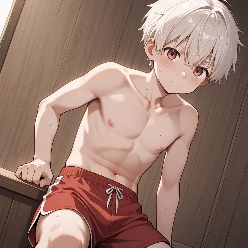 Boy, slim, Cute, red eyes, Short silver hair, on shower , looks shyly at the viewer, smiling, naked boy chest, shorts, wet, spread legs, squatting