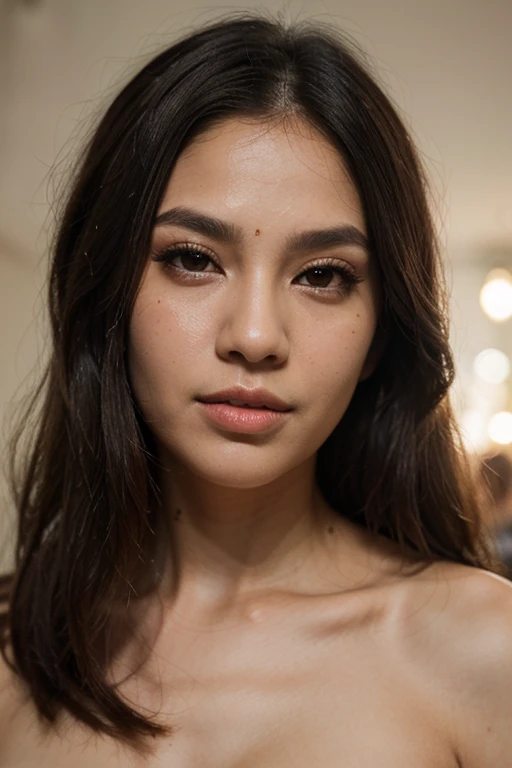 “A teenage of about 27 to 28year old Asian girl with fair skin and brown eyes is looking at the camera. Her almond-shaped eyes have a deep brown iris. She has a soft smile on her naturally pink lips and less dense eyebrows. Her hair is long and black. She has a chubby, oval-shaped face with high cheekbones and a medium-sized nose. Her skin has a natural glow, freckles, and a subtle blush. She is under soft lighting that highlights her skin texture. She is looking upwards, showing her long eyelashes. Her full lips have a natural gloss. She has various expressions, from surprise to laughter. A high-resolution image captures all her skin details. She is posing for a photoshoot with slight makeup, enhancing her natural beauty a little shine in her hair for clarity or texture even tone in skin highly detail photoshoot for the front face from a distance of about 1 to 1.5 metre with slight blush and face structure from urvashi rautela crystal clear skin with natural glow with highly detailing skin smooth texture reduce the amount of blackheads she is having apply her pink lip gloss more detailing like 8k image make mos bone smooth more photoshoot pictures from diffrent angles bt there should be no diffrence in face structure or detail or any body measurements
