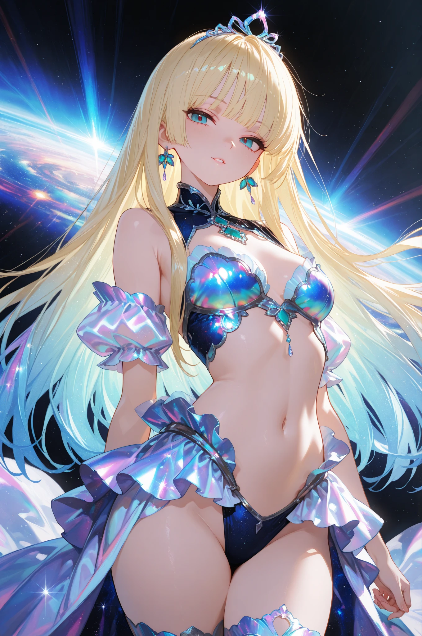 1girl,two side up,long hair,blonde hair,medium breasts,turquoise eyes,bioluminescent dress,dark background,cowboy shot,
