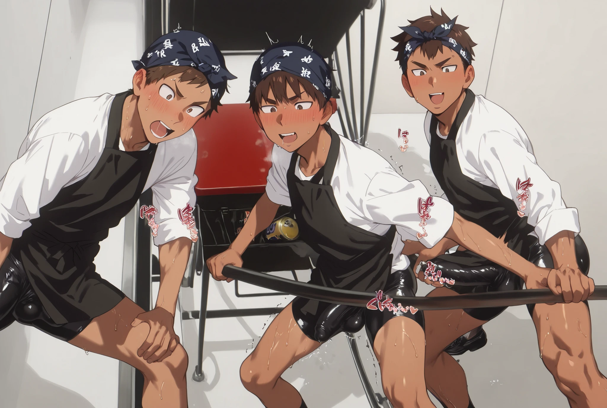 13 old, japanese school boy,dark brown hair,, 車夫's rest room, ,perfect body,easy-going face,,sweaty,blush、molested, anatomically correct, Japanese sound effects, Crowded trains, heavy crowds, blushing, disgust, Anatomically correct depiction of details, can't move in the crowd, one scene, Convulsions, trembling, school bag,perfect ass, one cut, Angle of view looking down from above, All around me are men,one cut,ass and breats  grab,chikan,encoxada,arrimon,open mouth,ohogao, and shirt,head back orgasm,Covering someone's mouth from behind,Standing missionary pose,  spread legs,bulge pecs, muscular, oly boys, muscular, student, japanese boy, cute eyes, smile, child face, boy, man, Kento Yamazaki, smooth skin, younger, big penis, solo shot of upper body and underwerar, 雄鳴きガン掘りSEX, チンポがビンビン, tanned skin、 japanese clothes , white shirts , tight-fitting black apron, just black apron tied in the back, wear white towel bandana on the head, 頭巻きタオル、 bike shorts , black footwear ,,