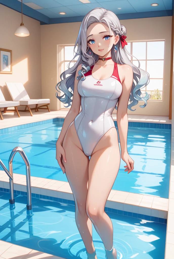 sinestrea, 1girl, solo, grey hair, frown hair bow, hair over one eye, one eye covered, long hair, medium breasts, red bow, red eyes, bestquality, 1girls,25 years old, proportional body, elongated legs, Beautiful, proportional., white one-piece suit,, gigantic breasts, choker, Splash with purple lightning pattern., arm behind back, against wall, View viewers from the front., Thigh strap, Head tilt, bored((,hot swimpool:1.5))