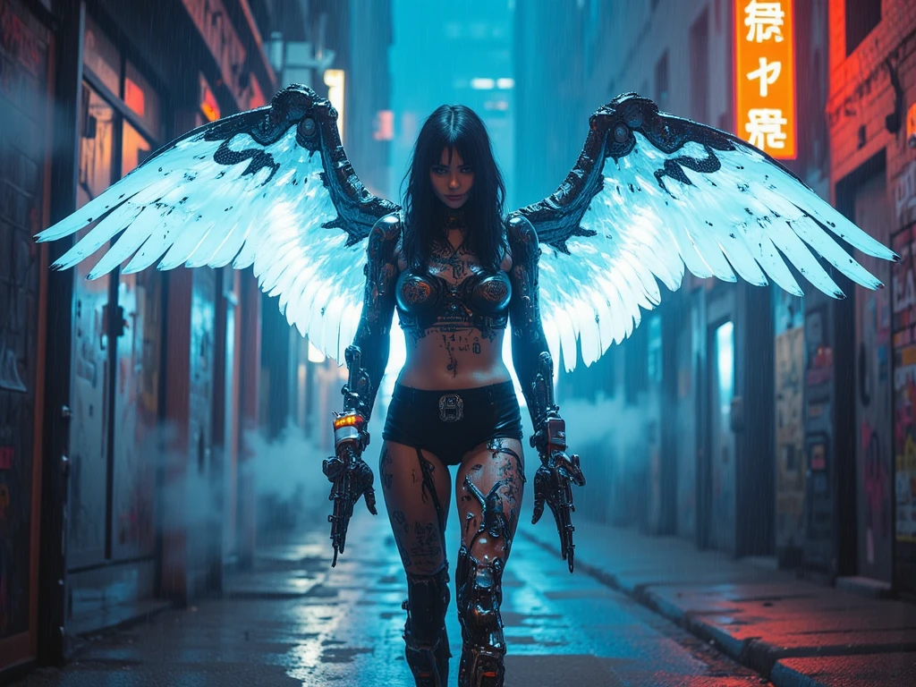 Angel estilo barroco cuyo cuerpo esta rodeado de cables negros y gruesos, luces led, bombillos, parlantes, y demas desechos electronicos. The idea is that the angel is dressed in electronic garbage