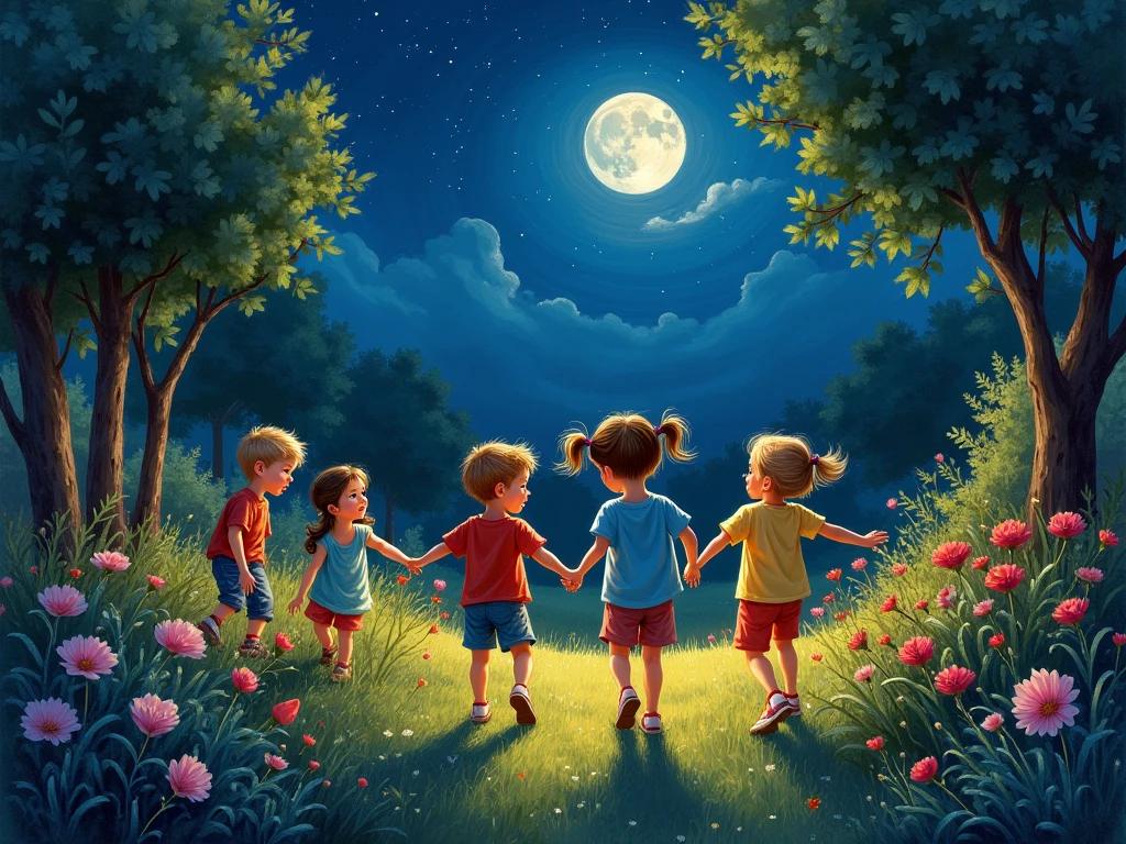 Generate a 3D glowing hd picture of kids playing in night under lovely sky full with stars and one moon have faceand all the kids must have shining colours