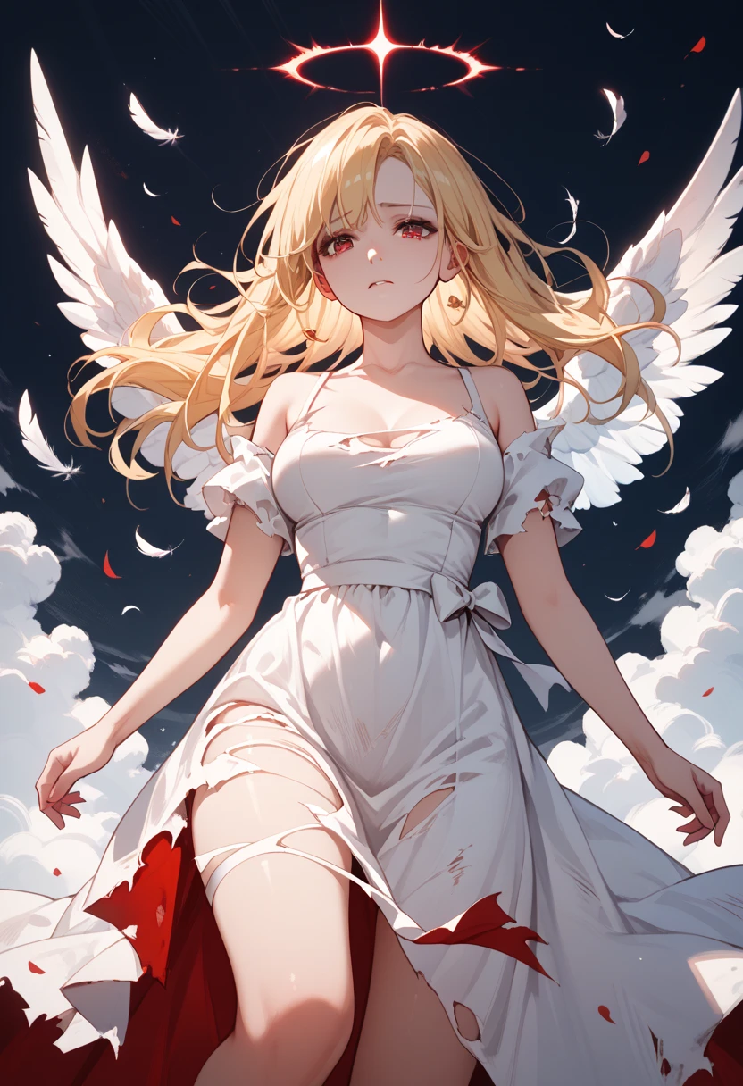 Sweating, angel, halo, park, dress, blood everywhere, angel covered in blood, looking at viewer pissed, side view,