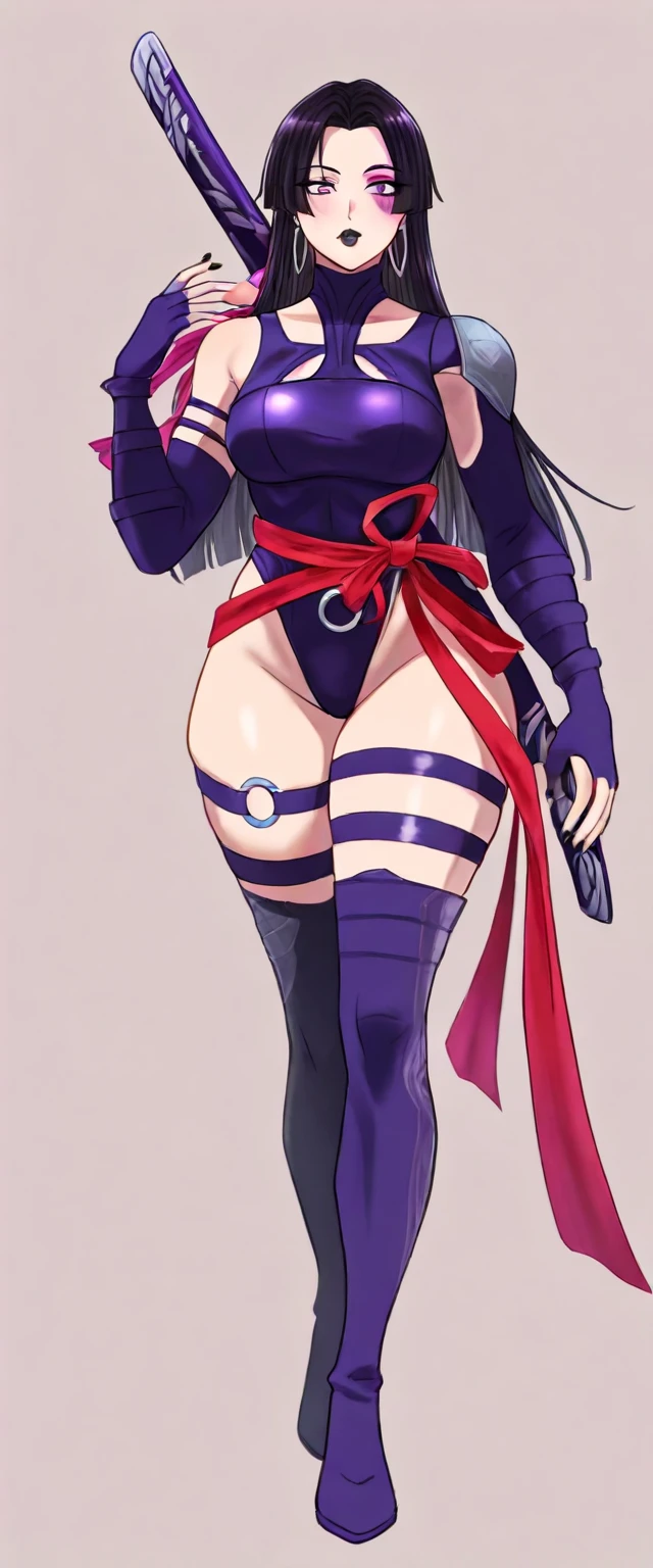 female olga discordia (dark-skinned female:1.2), YELLOW eyes, dark elf, high leg panties, multiple earrings, purple sleeves, smirk, standing, from behind, looking back) arms behind head, long_hair, looking_at_viewer, thigh highs, bow, bound, bdsm, bondage, rope, restrained, gag, shibari, bound_arms, ball_gag, shibari_over_clothes, full body bondage latex girl (black background) standing by wooden pole bondage