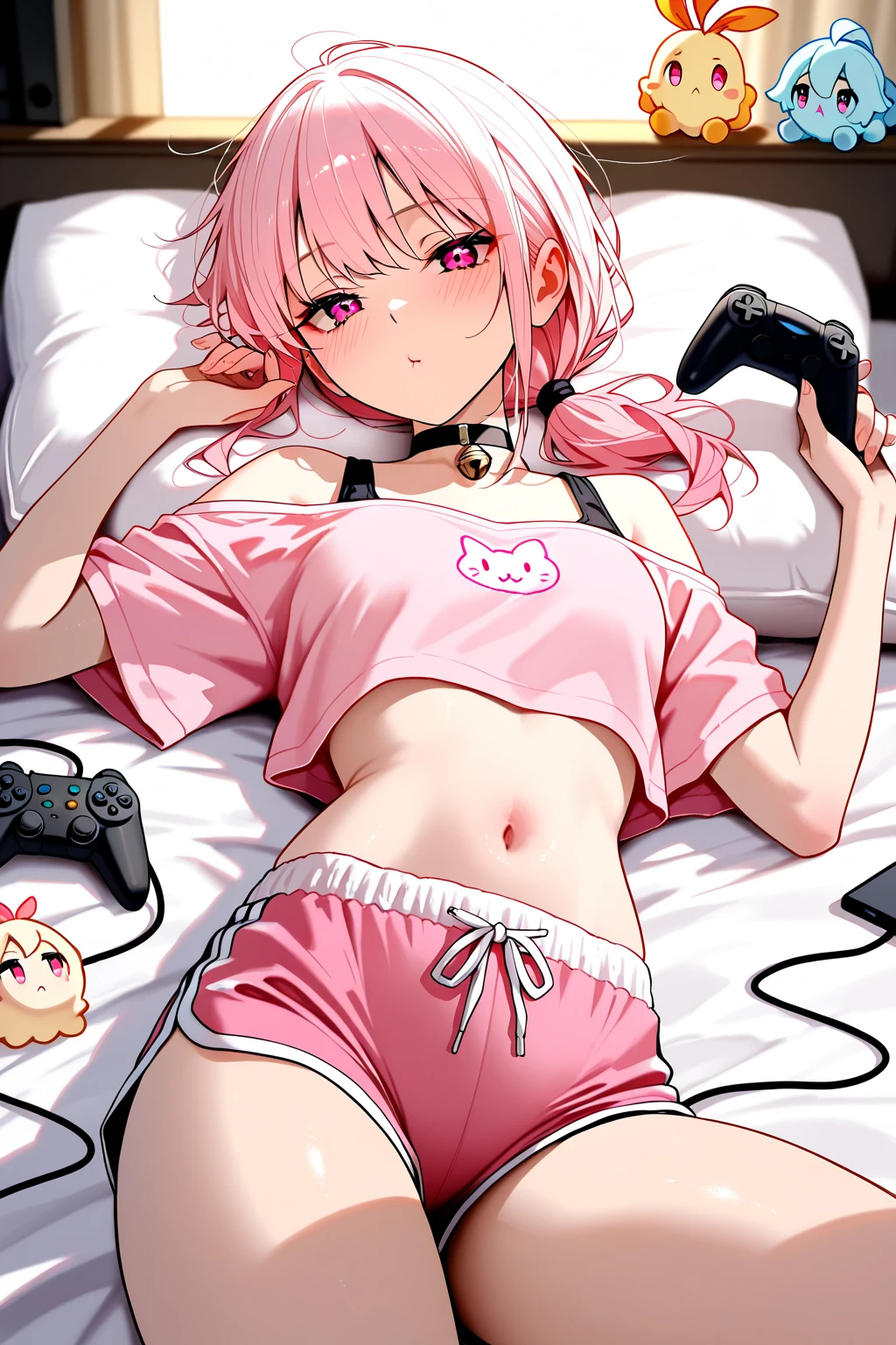 (Lie on the ground:1.2), 1 girl, alone, kujousaradef, nurse, ((blush:1.2)), hospital, indoor, Day, window, short hair, null, temple, looking at the viewer, stage, Mountain, moody lighting, ear piercing, big breasts, ((long slender legs)), ((thin waist)), nurse uniform, Pink denim shorts, stockings, nurse hat, pink nurse uniform, health room, Beautiful woman, The gesture of putting hair over your ears