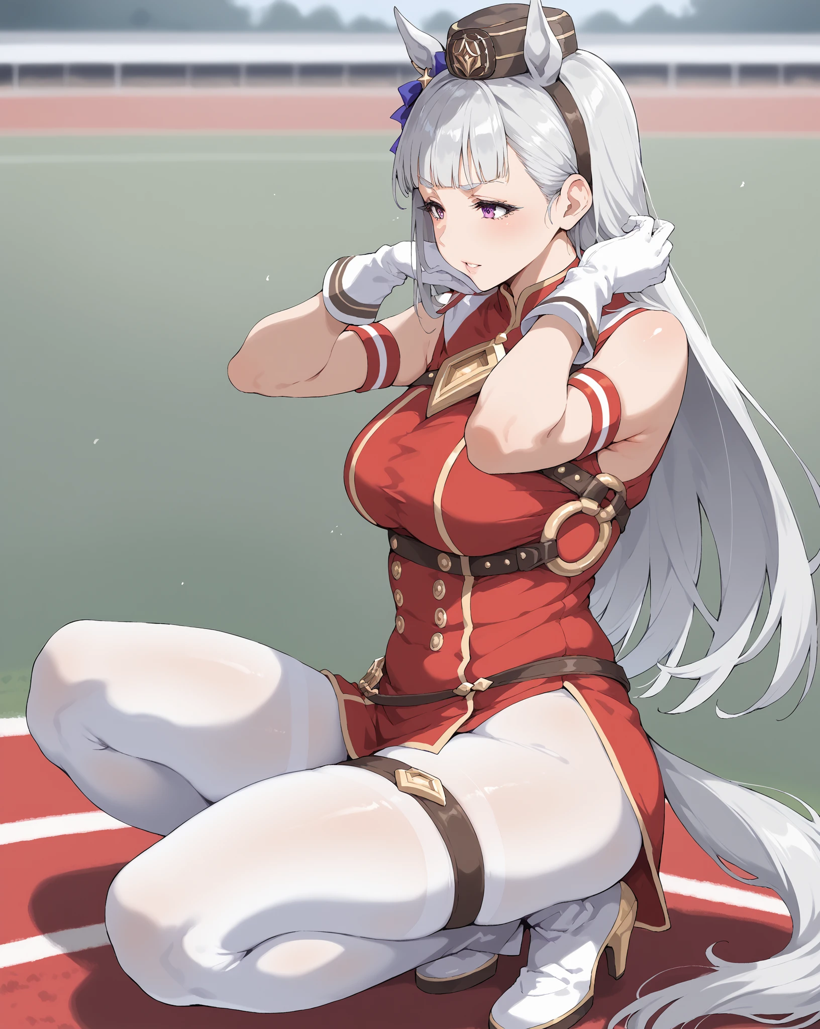 (SFW quality), solo, score_9, score_8_up, close-up picture shot of a 28 yo milf, (((derby horse track field))), (close-up 3/4 body view), (mature woman artstyle), confident, soft friendly face, sensual erotic lips, large heavy naturally saggy erotic breasts, plus-size sexy body curves, big mature woman with fertile body and child-bearing hips, (large erotic arms), oh my god that arms are so sexy!!, (bushy ash-blonde grey eyelashes), amber HD eyes, ((soft motherly neutral expression so tender)), 3/4 body view of a cute and attractive young milf, BREAK, maintain eye contact with viewer, gsdef, purple eyes, grey hair, horse ears, blunt bangs, long hair, pillbox hat, horse tail, red dress, sleeveless dress, double-breasted, white gloves, white pantyhose, thigh strap, high heel boots, white footwear, BREAK, from side, (SuperQuality:1.0) ~ (SuperQuality:1.2)