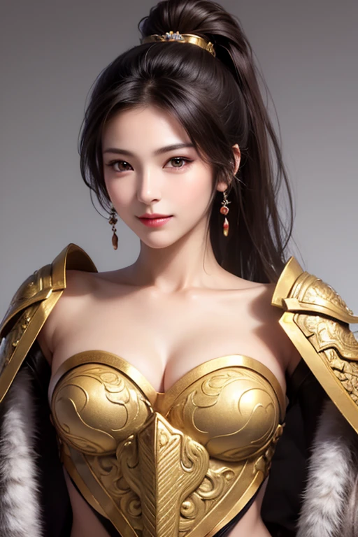 (best quality), (masterpiece), (high resolution), (intricate details:0.2), (professional lighting), simple background, chinese armor, 1girl, solo, (beautiful face:1.10), curvaceous body, fine skin, smile, long black hair, brown eyes, (big breasts:1.10), see at viewer