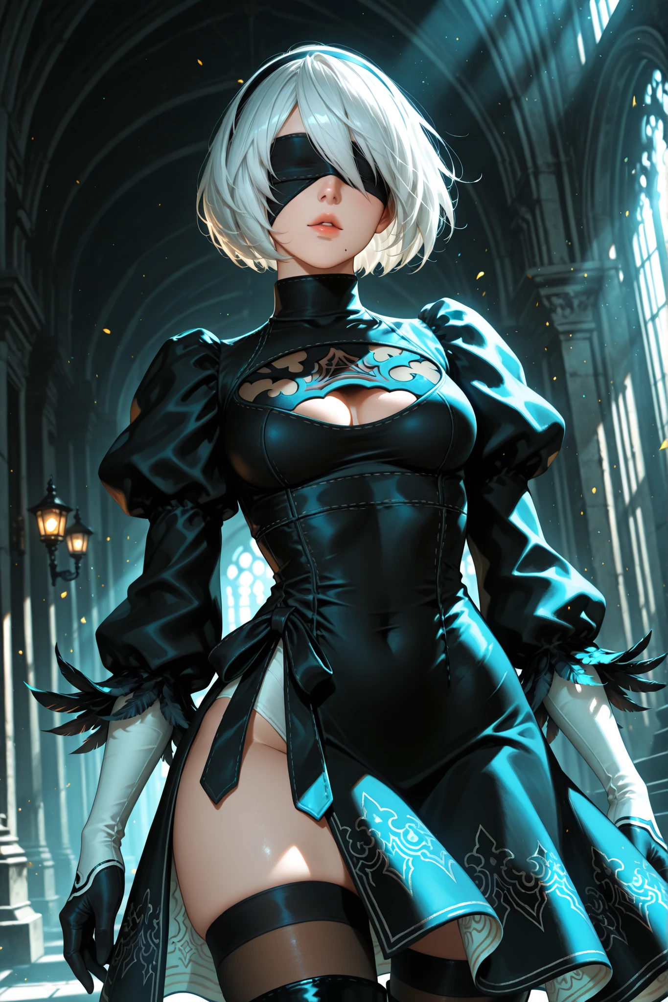 2B Nier Automata,Bobcut, Gray Hair,Long sleeve, Juliet Sleeve, White gloves, turtleneck, bangs, Feather ornament, Feather ornament sleeves, Blindfold, Black Goth Dress,Top view,Japanese Ultra HD,super high quality,masterpiece,Digital SLR,Photorealistic,Detailed details,Vivid details,Depicted in detail,A detailed face,Detailed details,Super Detail,Realistic skin texture,Anatomical basis,Perfect Anatomy,Anatomically correct hand,Anatomically correct fingers,Complex 3D rendering,Sexy pose,Rainy Sky,Beautiful scenery,Fantastic rainy sky,Fantasy worldview,Picturesque,Pink Lips,Black butterfly々Fluttering,A ruined world,A devastated battlefield,ruins,