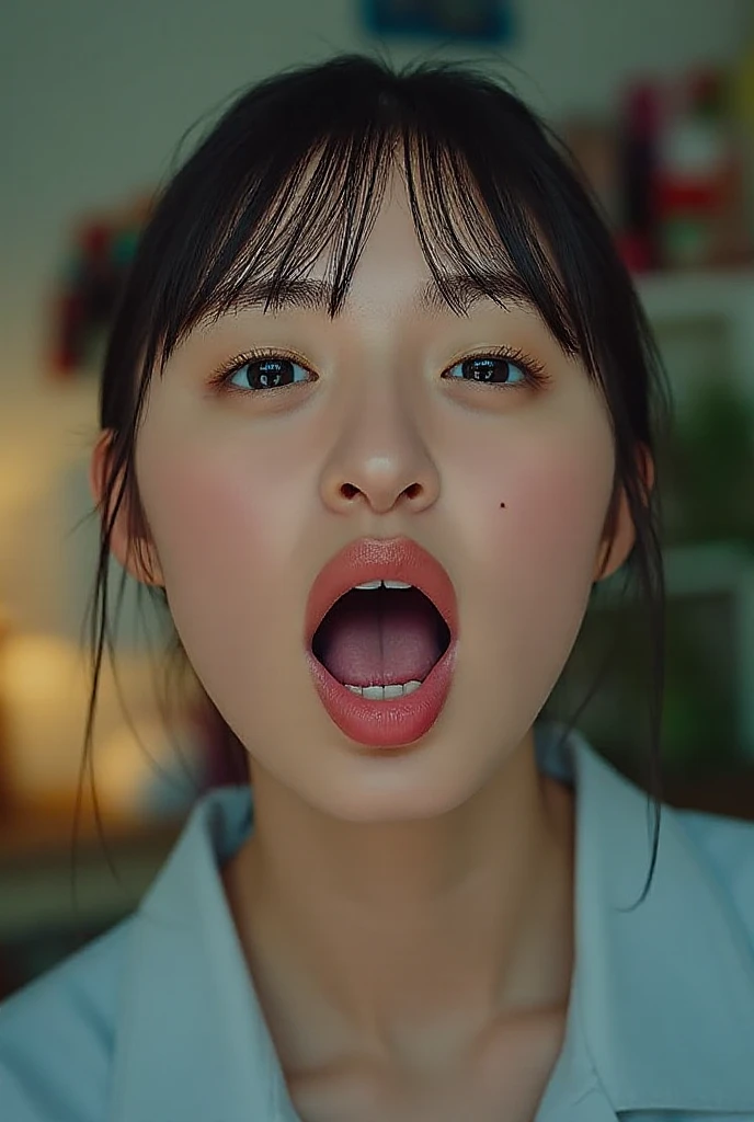 raw photo , 8K, ultra detailed, (realistic:1.2), (film grain:0.0), masterpiece, (1girl, open mouth:1.3), (school uniform, sleeveless, sexy), (punch perm, long hair), (red lips),(white room),(close up),(fisheye:1.6)