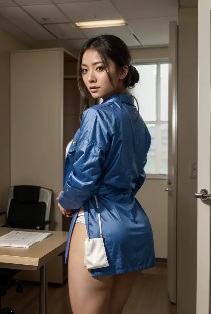 [((young attractive Asian woman:1.5)), ((Sophie Tan:1.4)), standing in a medical office, with her back to the camera. She is wearing ((a short doctor’s coat that has blown up, exposing her buttocks:1.2)), paired with a tight skirt and high heels. Her hair is styled in a neat bun, and she has a seductive, intense gaze over her shoulder. The background features medical equipment, an examination table, and medical posters. The scene is captured with a ((full-frame DSLR:1.2)) using a ((50mm prime lens:1.2)) to keep the woman in sharp focus while the background is slightly blurred. Post-production enhances the natural colors and adds a ((soft bokeh effect:1.1)) to the background. The image should be in ((8K resolution:1.1)) with ((hyper-realistic detail:1.3)). The backdrop highlights the medical office with detailed textures of equipment and posters. The focus is on the woman's blown-up skirt exposing her buttocks, capturing a seductive and intense vibe. Bright medical lighting is used with slight enhancements to create a clean and professional atmosphere, with a ((soft bokeh effect:1.1)) on the background, enhanced vibrancy, and high contrast to make the scene pop. She is standing with one hand on her skirt, looking seductively over her shoulder, exuding confidence and allure, embodying doctor chic.]