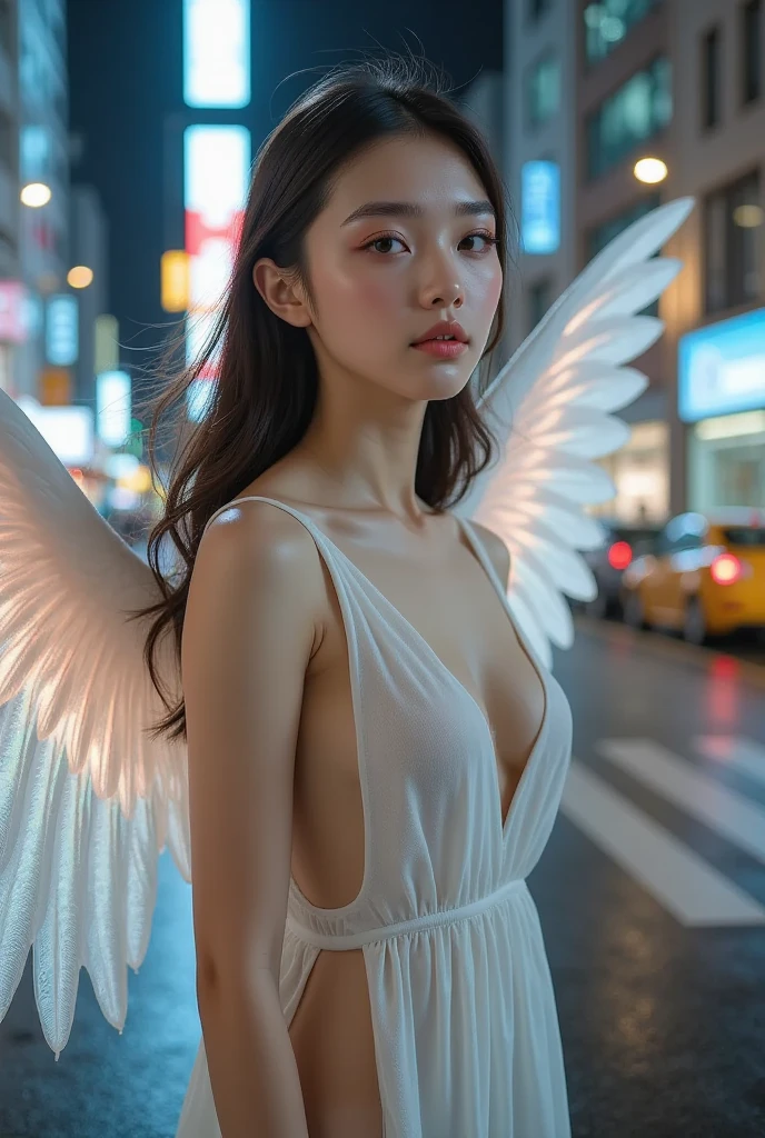 Photo, (Photorealistic: 1.4), (Hyperrealistic: 1.4), (Cinematic: 1.5), (Blue Filter), (Film Grain: 1.5), Woman in her 20s, Solo, Short Hair, Angel Wings, 2 Wings , (Spread Wings Wide: 1.5), (Beautiful and Delicate Face), High Quality Eyes, White Clothes, (New York), Rooftops of Skyscrapers, Chrysler building, neon light, night, fog, big white glowing wings