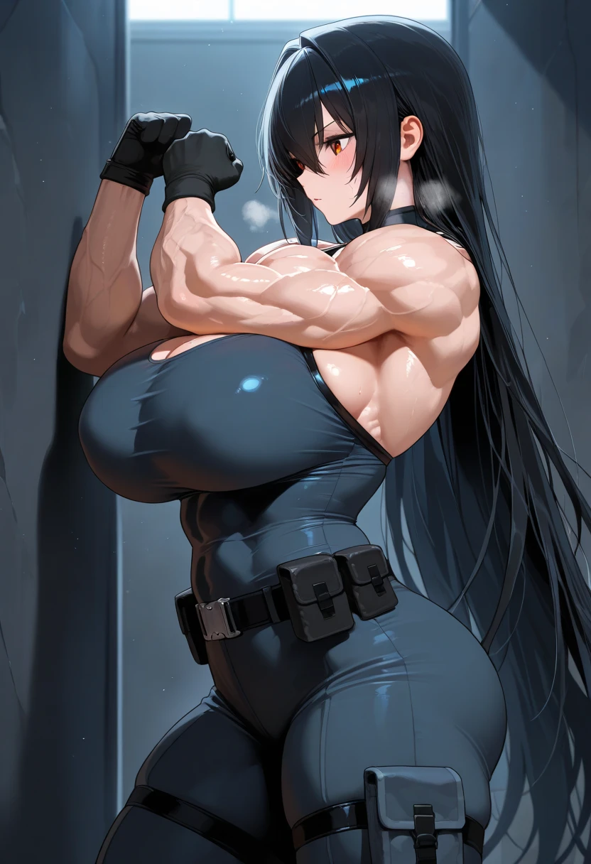 Best quality,8K,ultra high res:1.5),(Pretty very very long ponytail hair tied with red ribbon girl),(Huge breasts:1.20),(very voluptuous body),(very voluptuous thigh),(body builder girl:1.5),(wide muscle:1.8),(light smile),(eyes to camera),(light black hair),(red bra),(grey short skirt),(sexy abdominal muscles),(standing),(black shoes),(nipples),(blue eye ball),(nipples),(naked)