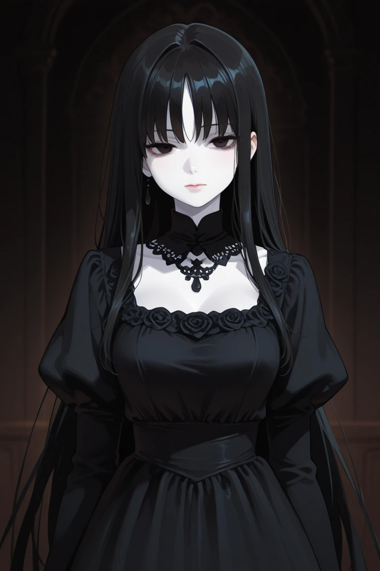 a dullahan girl, beautiful detailed eyes, beautiful detailed lips, extremely detailed eyes and face, long eyelashes, pale skin, flowing black hair, headless, floating severed head, dark gothic victorian dress, dark fantasy, dramatic lighting, cinematic composition, moody atmosphere, rich color palette, deep shadows, (best quality,4k,8k,highres,masterpiece:1.2),ultra-detailed,(realistic,photorealistic,photo-realistic:1.37)