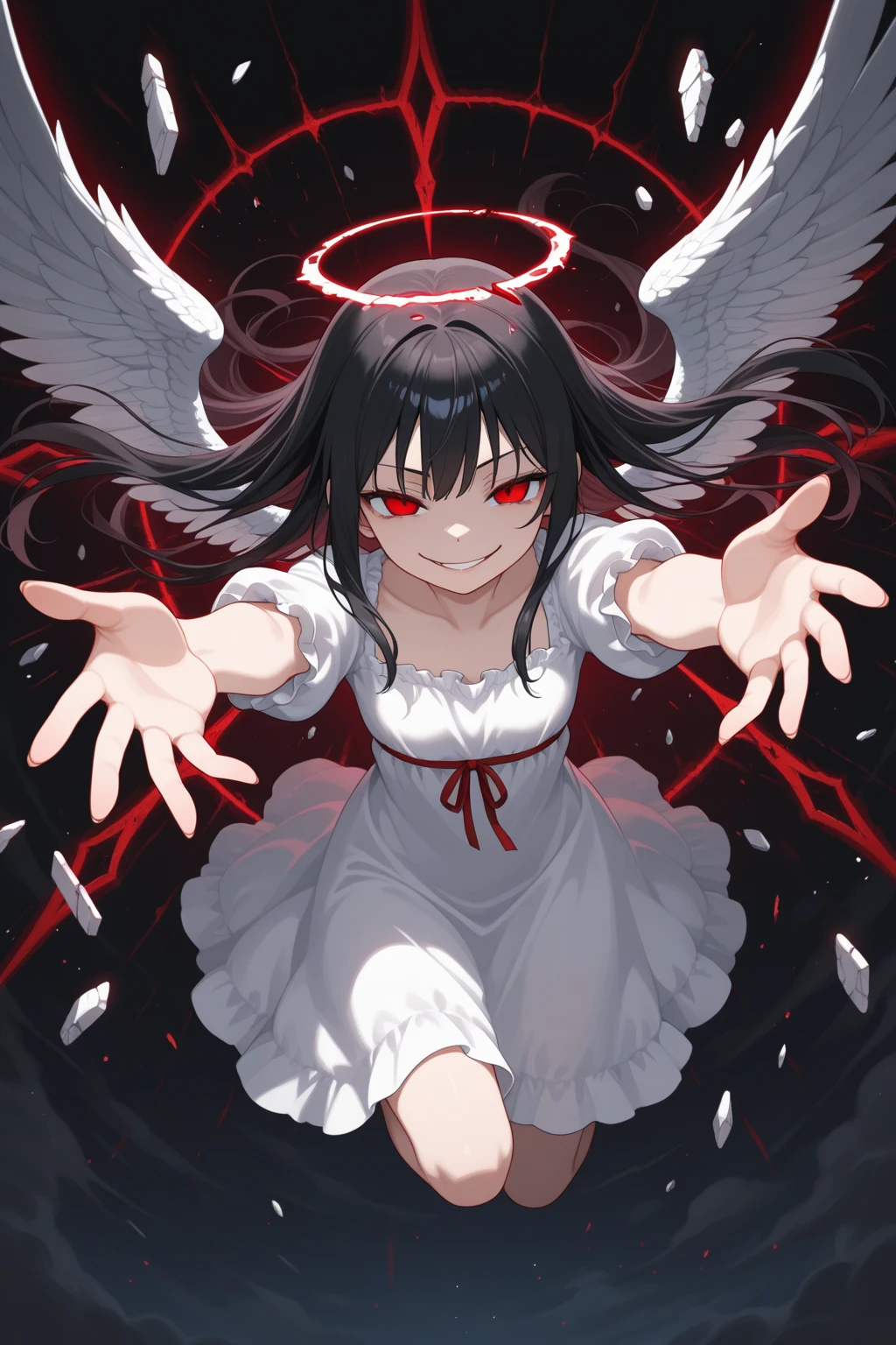 Little People Series, Yuki Osanai, Bob、Shortcuts, cropped black hair, bangs, Slanted Eyes、(Red gradient eyes:1.2), Expressionless、Embarrassing、Favorable、((Red cheeks、Red face))、Young、Short、(Trembling)、((Small breasts))、(avenger、murderer、Serial killer)、Have a crude weapon、Bathing in blood、Bloody clothes、Blood dripping from the forehead、(No underwear)、Glare、Staring、
break , Open the chest、 Visible valley, On the way home, my body and face were covered in blood.、Bloody white sleeveless top,Around town、Night Sky、Starry Sky、
break、Around townを歩く、Hug viewers、Spread your arms、Wide-open sleeveless、Hair fluttering violently in the wind、(To harass the user)、
masterpiece, Highest quality, High resolution, unity 8k wallpaper, (Beautiful attention to detail:1.6), Highly detailed face, Perfect lighting, Highly detailed CG, (Perfect hands, Perfect Anatomy,Perfect five-finger),Full body portrait、