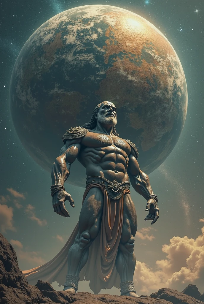 Atlas in space holding a planet,  full body shot 
