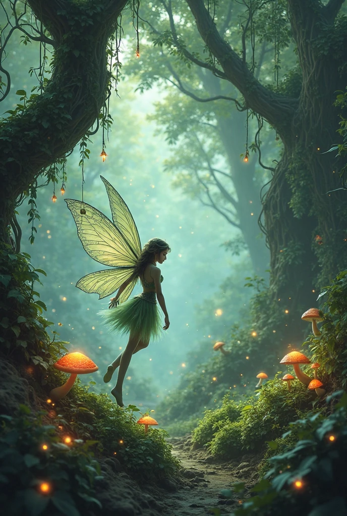 Hair, forest, mist, mist, glowing fireflies, beautiful and cute little boy, little boy playing guitar and singing