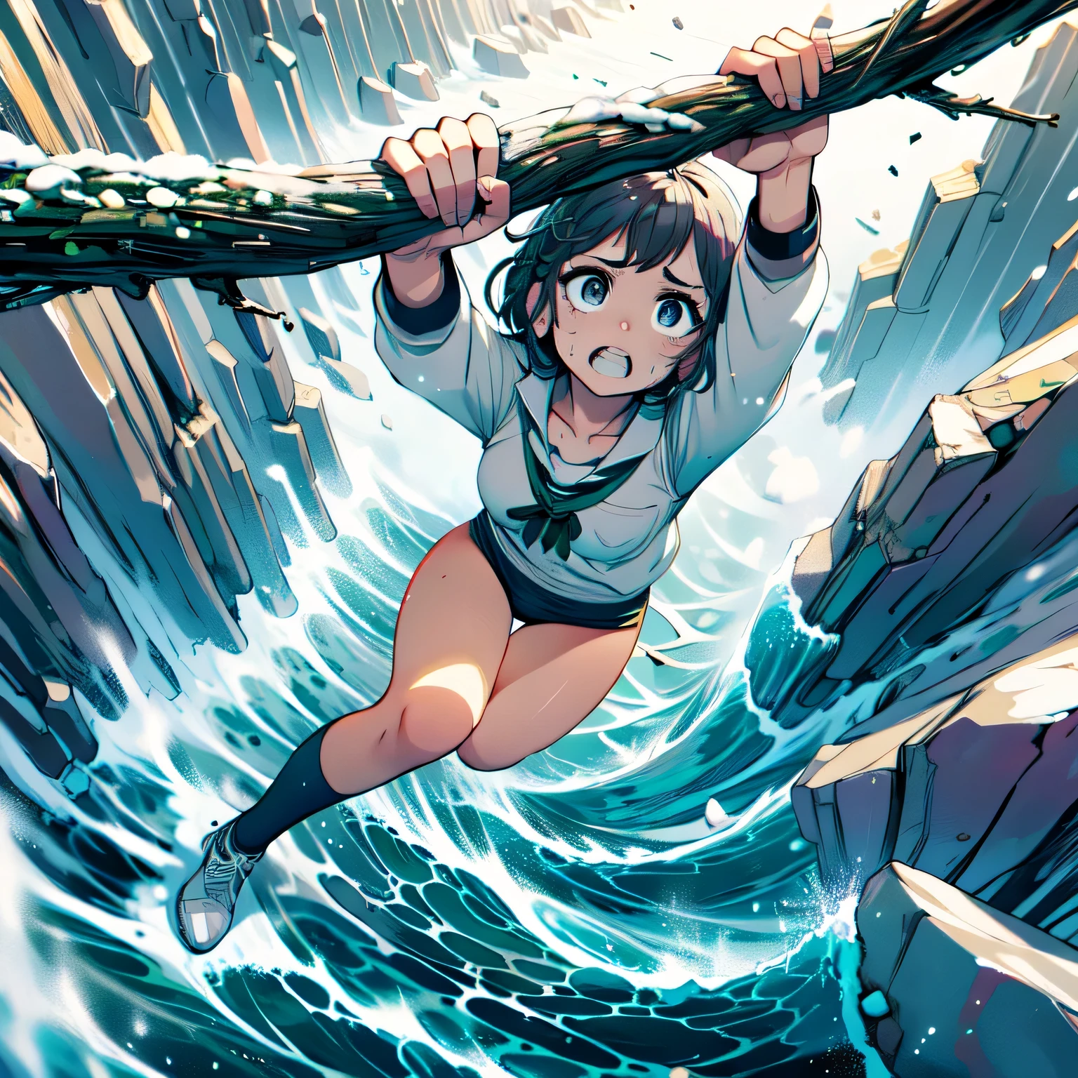 masterpiece,best quality,highly detailed,1girl,solo,scared,raised eyebrows,constricted pupils,surprised,clenched teeth,sweat,sweatdrop,purple eyes,black hair,long hair,lycoris uniform,green ribbon,long sleeves,black gymnastics bloomers,high leg,self wedgie,collared shirt,kneehighs,
BREAK
(((hanging from branch in high position, arms up))),hanging from branch,holding branch,grabbing branch,close-up,outdoors,foreshortening,perspective,from above,scenery,(((cliff, snow, snow mountain, iceberg, ocean, wave))),