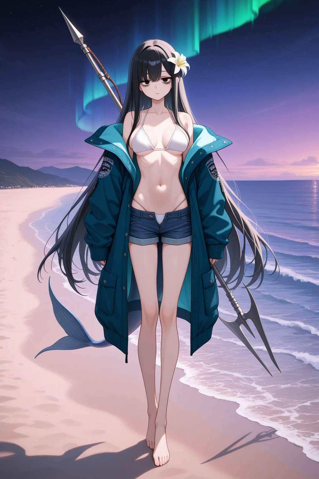 1woman, long black hair, glasses, white bikini, beach, standing on ground, high res, ultra sharp, 8K, masterpiece
